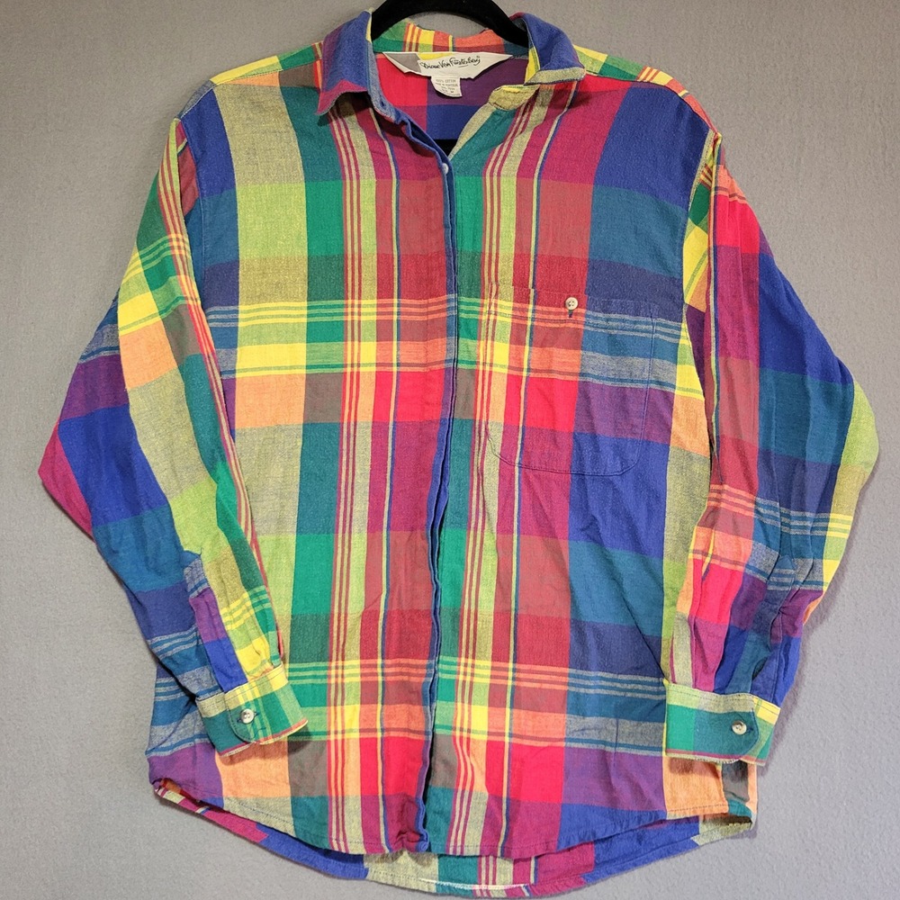 Diane Von Furstenberg Vintage Rainbow Plaid Button Up Shirt Medium Multicolor